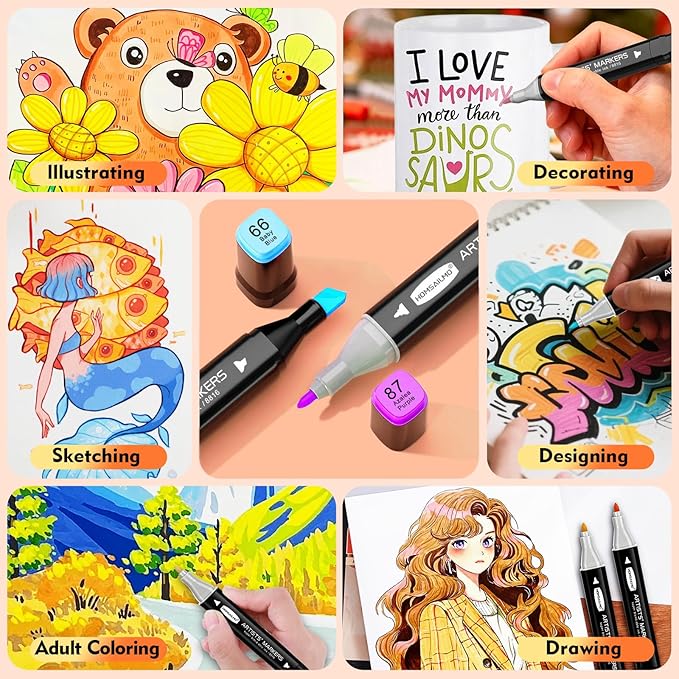 HOMESILMO 48 Color Alcohol Pen Set, Double Tip Art Adult Alcohol Pen, Mixed Sketching Art Supplies, Sketchbook, Coloring Drawing Card, Illustration Production, Brush Head and Chisel Head Double Tip
