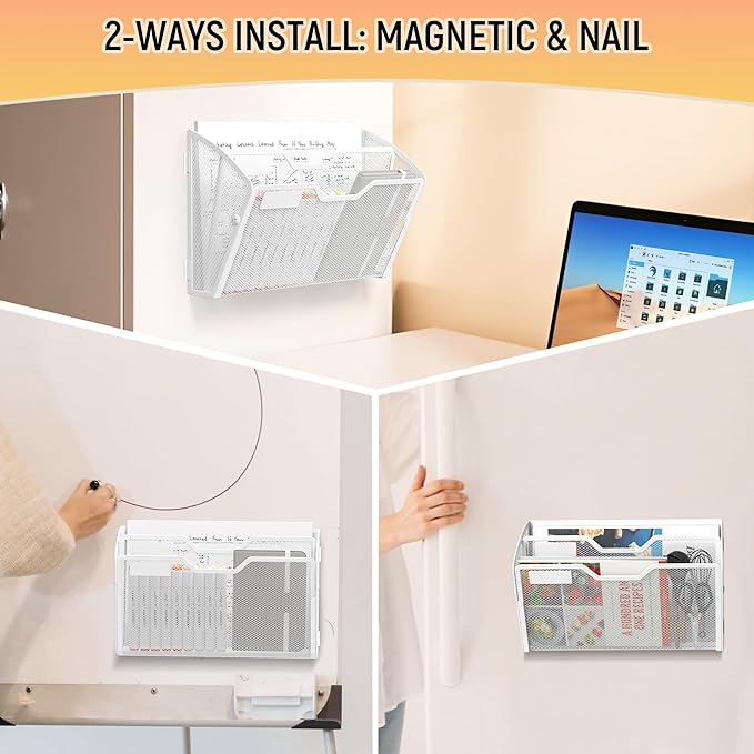 Docnest 2 Tier 3 Pack Magnetic Wall Mounted File Holders,Mesh Letter Organizer, Magnetic Hanging Mail Paper Document Organizer for Office, Home, School, White