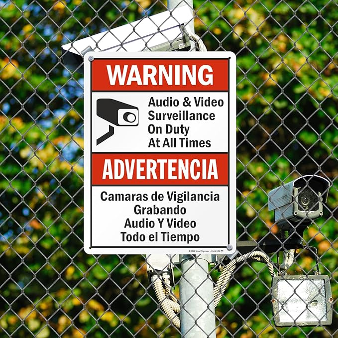 SmartSign 24 x 18 inch “Warning - Audio & Video Surveillance On Duty At All Times” Bilingual Sign, Digitally Printed, 55 mil HDPE Plastic, Red, Black and White, Made in USA