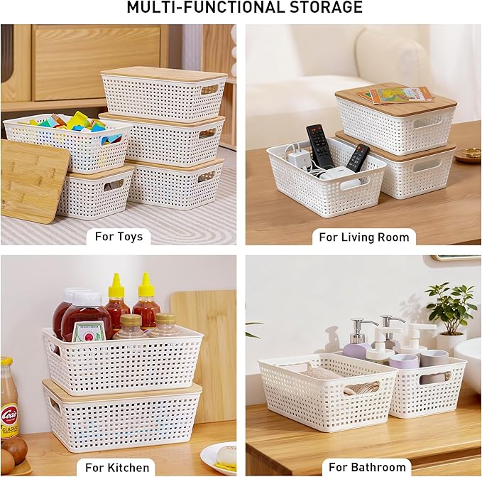 Anywish Storage Bins with Lids 10 Packs, Plastic Storage Bins with Bamboo Lids for Pantry Organization and Storage Containers for Shelves Drawers Desktop Closet Playroom Classroom Office Home, White