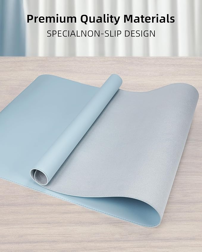 Leather Desk Pad Protector,Desk Mat,Large Mouse Pad, Non-Slip Desk Pad, Waterproof PU Leather Desk Blotter Mat, Desk Cover for Office and Home (Light Blue, 36" x 17")
