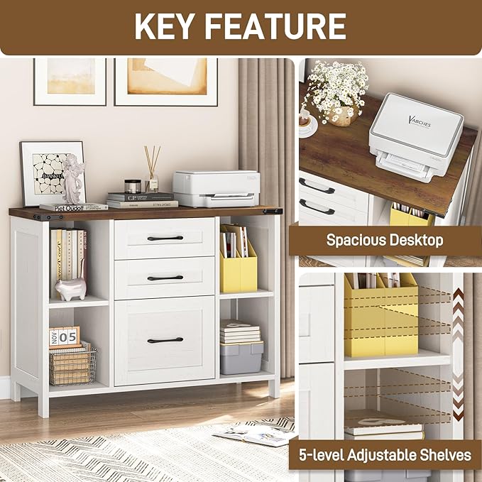 Vabches File Cabinet with 3 Drawers, Farmhouse Lateral File Cabinet Fits Files Letter/A4 Size, Wooden Filing Cabinet with Adjustable Shelves Printer Stand for Home Office, White
