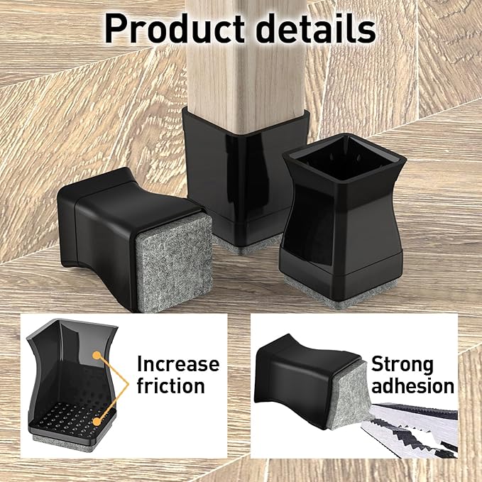 Square Chair Leg Protectors for Hardwood, 16Pcs Silicone Chair Legs Caps to Prevent Floor from Scratches and Reduce Noise, Easy to Move(1.25 Inch Black).