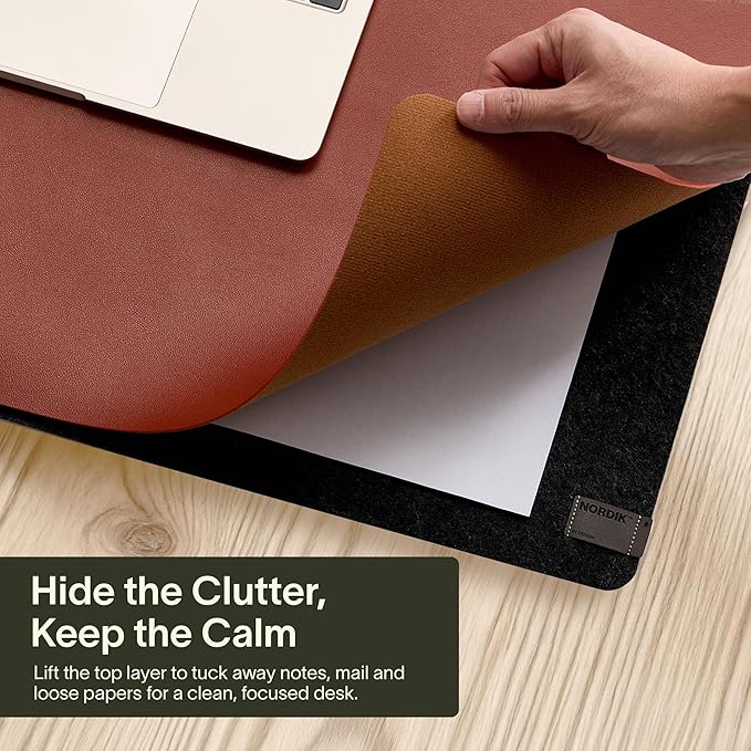 Nordik Felt and Leather Desk Mat - Emberwood Brown - 35x17 Inch Felt and Vegan Leather Desk Blotter with Document Hideaway - Large Computer Mats for Desktop - Ideal Keyboard Mat for Office and Home