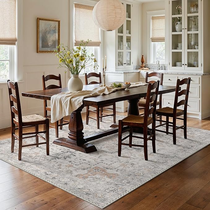 GENIMO 7x9 Area Rugs for Living Room, Non Slip Machine Washable Vintage Rugs, Low Pile Lightweight Chenille Print Large Rug for Bedroom, Dining Room, Home Office, Light Taupe Brown