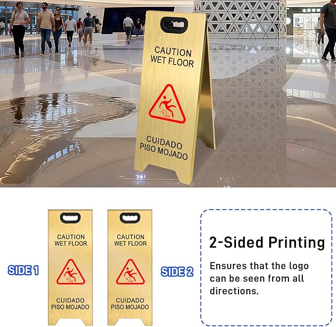 Kerty 2 Pack Stainless Steel Wet Floor Sign, 24 Inch Caution Wet Floor Sign Portable Foldable Bilingual Safety Warning for Hotel Market Restroom Restaurant Office (Gold)