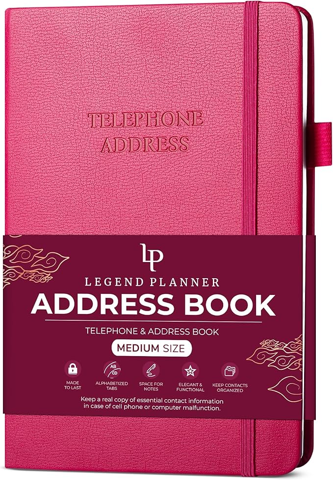 Legend Planner Address Book with Alphabetical Tabs –Telephone Contacts Book for Phone Numbers, Addresses, Passwords, Medium (Hot Pink)