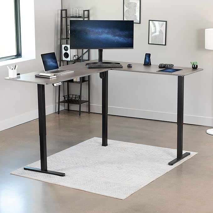 VIVO Electric Corner 75 x 63 inch L-Shaped Standing Desk, Memory Height Adjustment, Dark Gray Top Black Frame, DESK-E3CTG-75