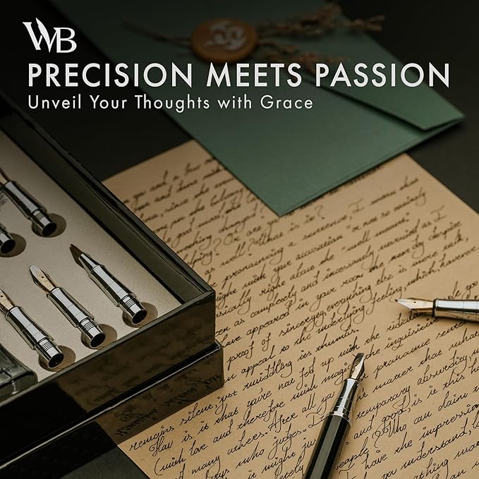 Wordsworth & Black Calligraphy Pen Gift Set, Includes Bottle, 6 Cartridges, Refill Converter, 6 Replacement Nibs, Premium Package, Journaling, Smooth Writing Pens [Silver Gold]