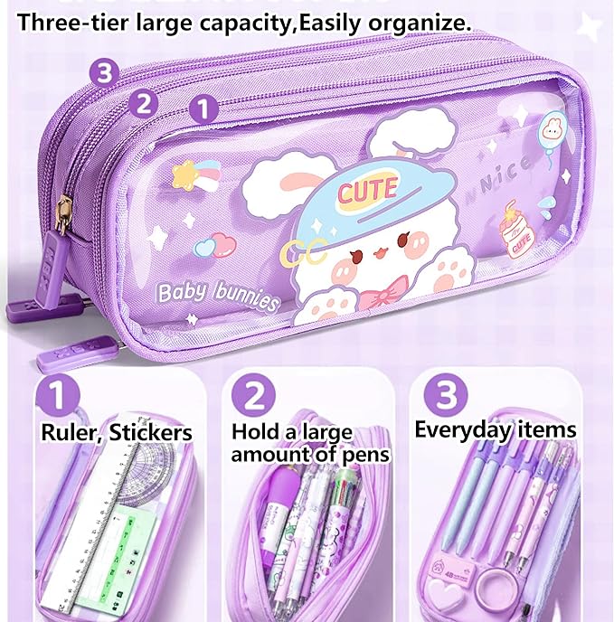 UINSUE Cute Pen case Adorable Bunny Transparent 3-Layer Large Capacity Pencil Case Gadget organizer with Lovely Stickers (Purple-Doggy)