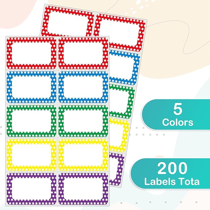 L LIKED 200 Name Tags Stickers, Colorful Star Border, 3.5" x 2.25" Name Labels for School Office Home (200 Labels)