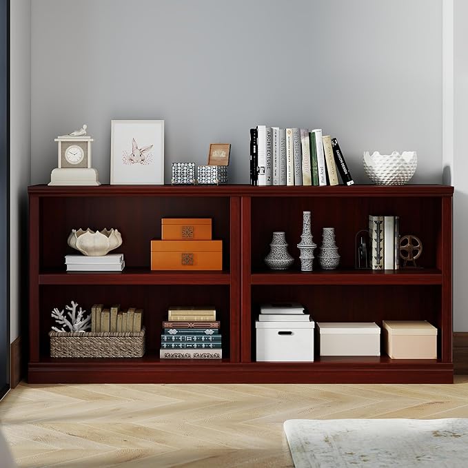 Bevfint 30" Bookcase, White Floor Standing Bookshelf, 2-Tier Display Shelves Open Storage Organizer, Book Case for Living Room Hallway Kitchen Home Office Bedroom, Mahogany 2 Tiers