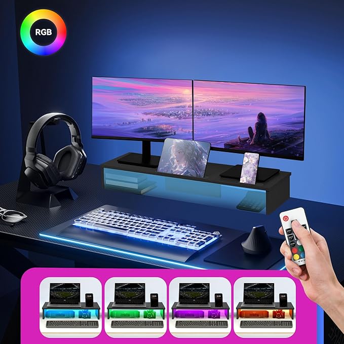 Qupui Dual Monitor Stand Riser with LED Lights and Phone Tablet Holder, 35.8in Large Monitor Stand for Desk, Computer Monitor Stand for 2 Monitors, Desktop Shelf Organizer for Laptop, Printer, TV