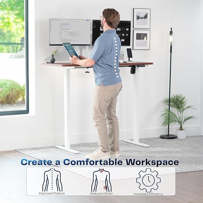 VIVO Electric 55 x 28 in Standing Desk, Memory Height Adjustment, 1B Series, Holds 220 lbs, One-Piece Dark Walnut Top, White Frame, DESK-KIT-1W55D
