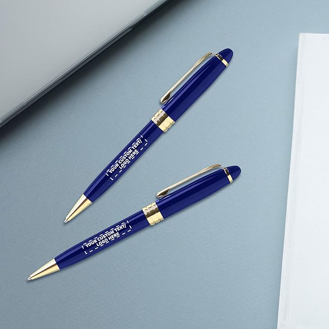 DISCOUNT PROMOS 100 Ultra Executive Pens Pack - Customizable Text, Logo - Twist To Write, Gold Accent - Blue
