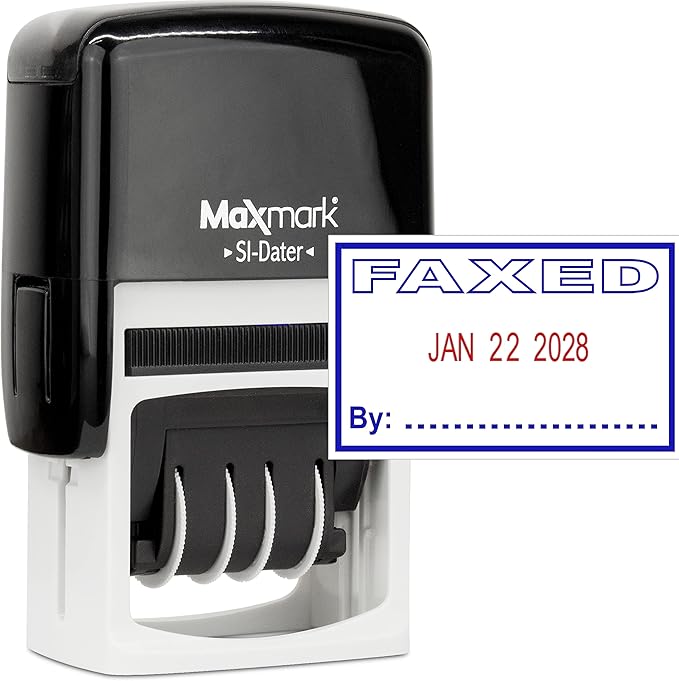 MaxMark Office Self Inking Date Stamp with Phrase Faxed - 2 Color Blue/Red Ink