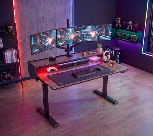 ErGear Standing Desk with LED Strip, 55″ x 28″ Electric Height Adjustable RGB Gaming Table with Shelf, Sit Stand Desk with Dual Cable Holes, C-Clamp Mount Compatible, 4 Preset Heights, Vintage Brown