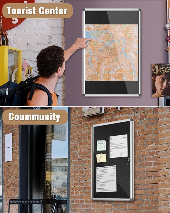 Mifuro 36"x24" Enclosed Bulletin Board, Lockable Weather-Resistant Aluminum Cork Noticeboard for School & Office, Silver Frame w/Black Flet