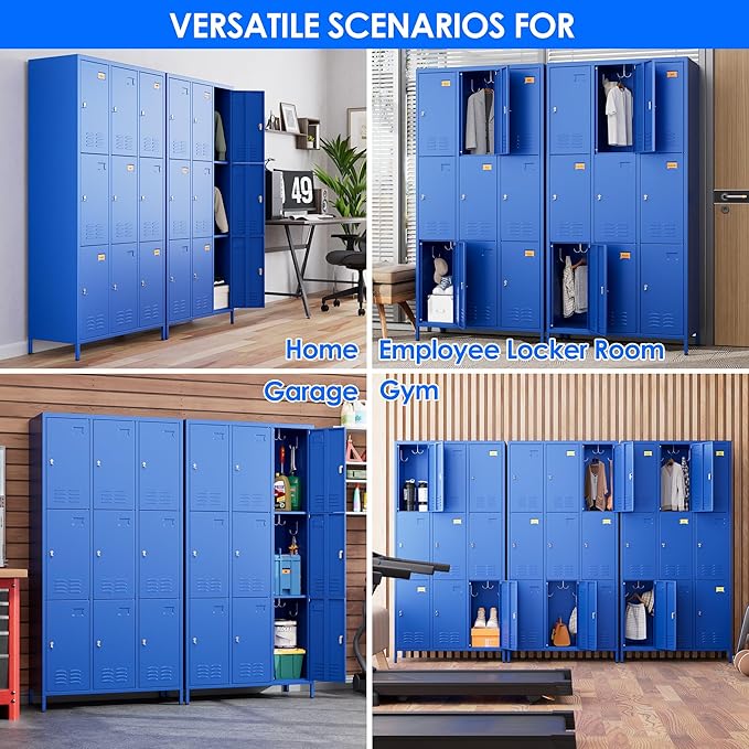 SUPEER 9 Doors Metal Locker for Employees with 27 Hooks and Business Card Holder,Metal Locker with Ventilation Holes for School Garage Office Gym Home,Assembly Required,Blue