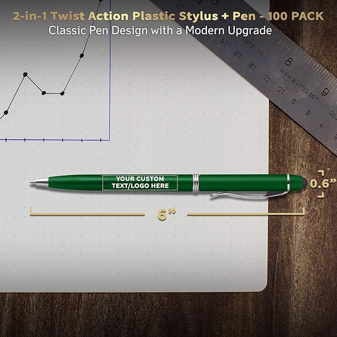 DISCOUNT PROMOS Custom Twist Action Plastic Stylus Pens, Set of 100, Personalized Bulk Pack - Pens for Work, Cool Pens for Writing, Black Ink - Green