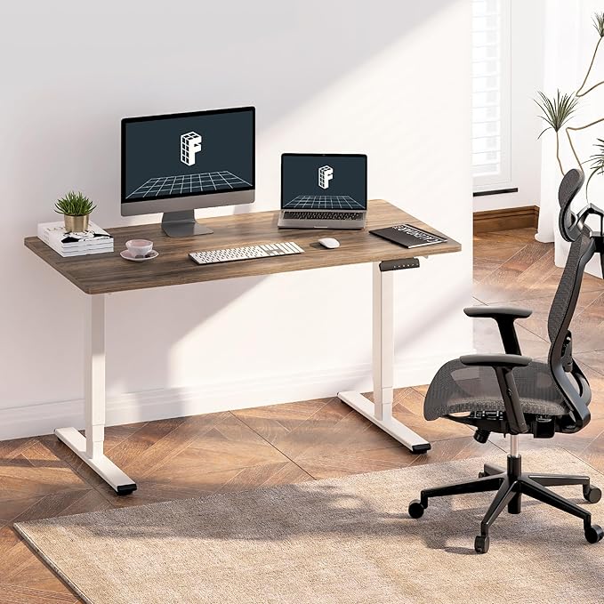 FLEXISPOT E6 3-Stage Dual Motor Electric Standing Desk 48 x 30 Sit Stand Up Desk, Holds 220 lbs, Adjustable Height w/Memory Presets, One-Piece Brown Wood Grain Desktop & White Frame, Ships in 2 Boxes