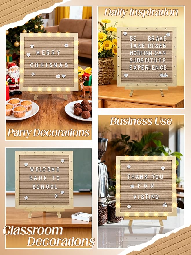 Changeable Felt Letter Board with LED Lights - 10×10" Message Custom Signs & Wood Stand & 450 Letters, Poster Board for Valentine's Day/Baby/Pregnancy Announcement/Classroom Wall Decor Gifts, Camel
