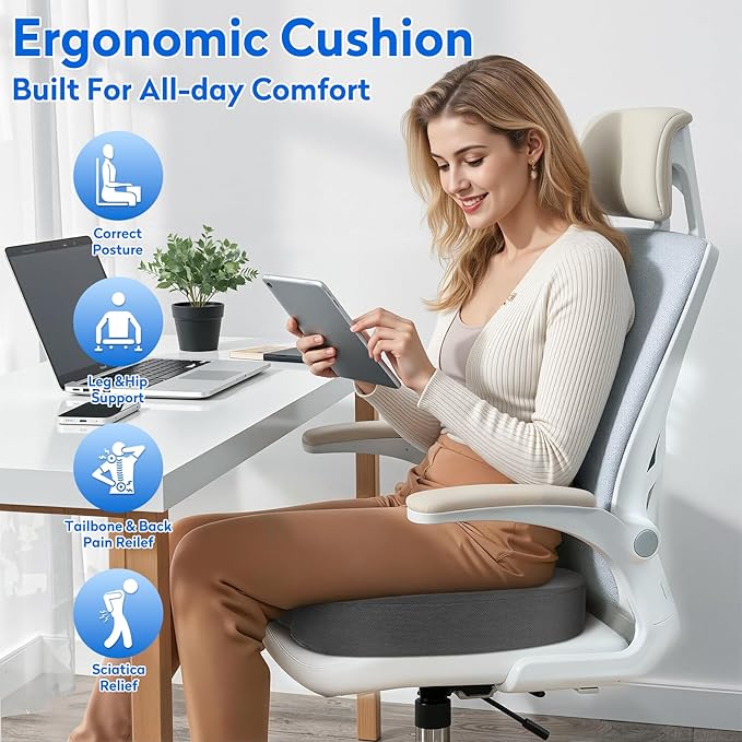 XXL Seat Cushion Office Car Seat Cushion, Memory Foam Cushion for Office Chair, Car Seat, Airplane, Bleacher Non-Slip Chair Pad, Butt Pillow for Desk, Wheelchair, Car