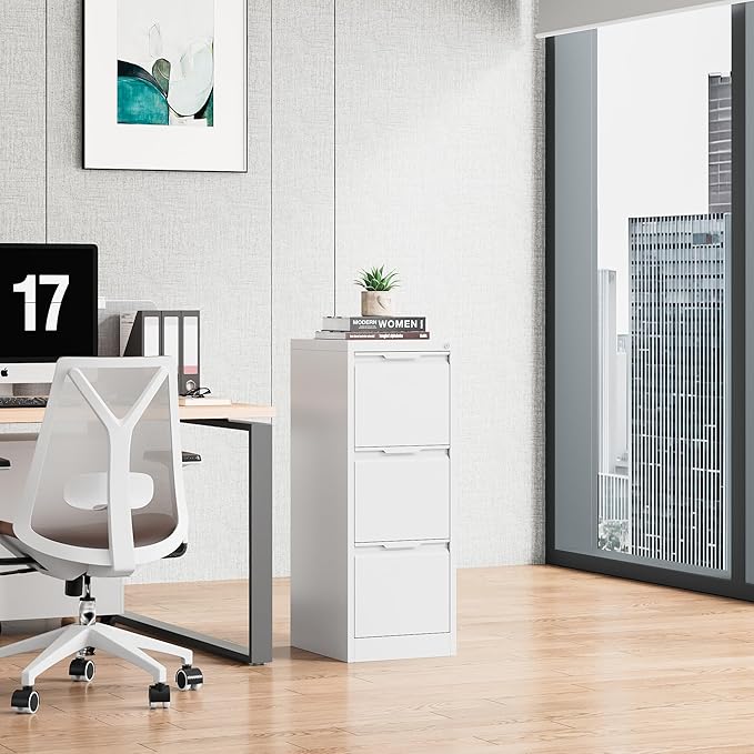 Bestoo 3-Drawer File Cabinet with Lock, Metal Filing Cabinet for Home Office, Vertical Filing Storage Cabinets, Fits File Folders, Letter/Legal/F4/A4 Size, Assembly Required (White)