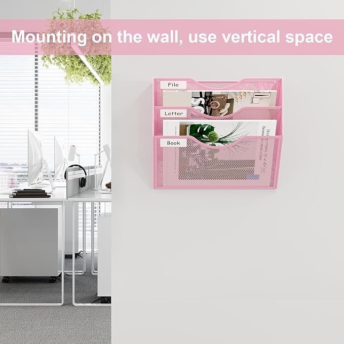 EasyPAG 3 Pocket Mesh Wall File Organizer, Hanging Paper Folder Holder with Classify Label, Vertical Wall Mount Mail Organizer for Office Home Classroom, Pink
