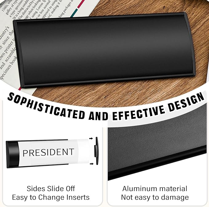 Therwen 25 Pcs Aluminum Office Name Plate Holder for Door Wall Mount 8'' x 3'' Business Sign Holder Office Door Sign Sturdy Curved with Plastic Film and Adhesive Tape (Black)