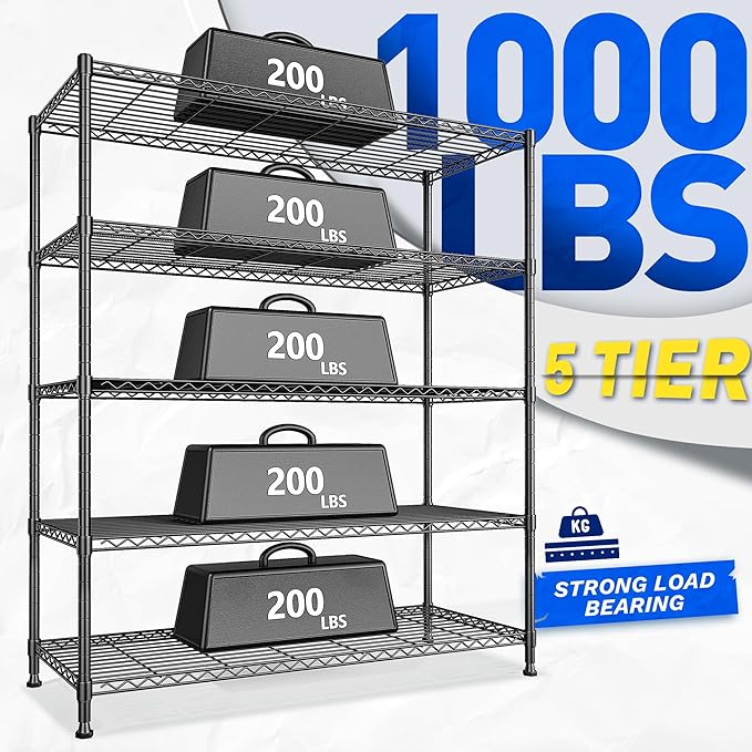 45 "W Storage Shelves 5 Tier Wire Shelving Unit Adjustable Metal Shelving Wire Shelf Pantry Shelves Wire Commercial Rack for Closet Kitchen Pantry Utility Room Garage 45" Wx 13.5" Dx70.5 H Black