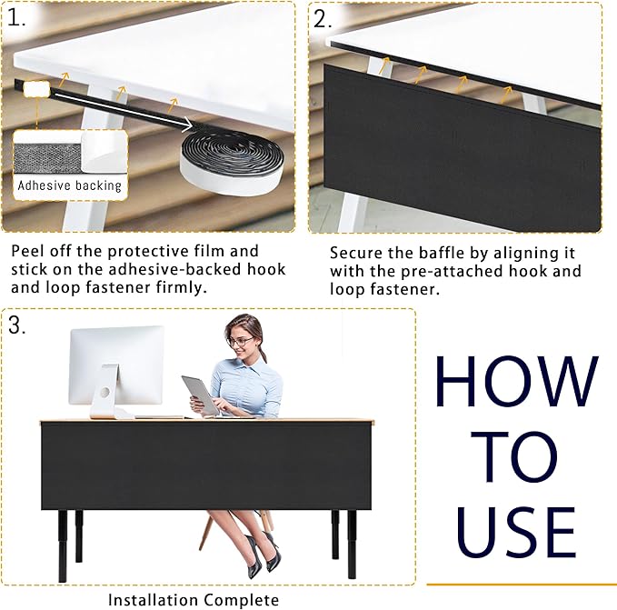 HolyMaji 48" Under Desk Privacy Panel Self-Adhesive Modesty Panel 600D Heavy Duty Desk Skirt Privacy Divider for Office Home or Standing Workstation Concealer Shield