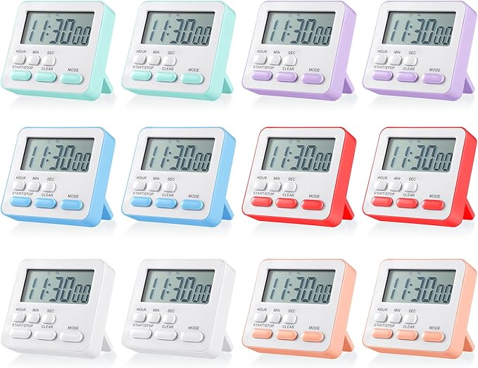 Weewooday 12 Pcs Digital Kitchen Magnetic Timer Bulk Classroom Count up Countdown Timer Large Digits Egg Loud Alarm Cute Desk Stopwatch for Teacher Kids Cooking Office(Pastel Colors,Classic Style)