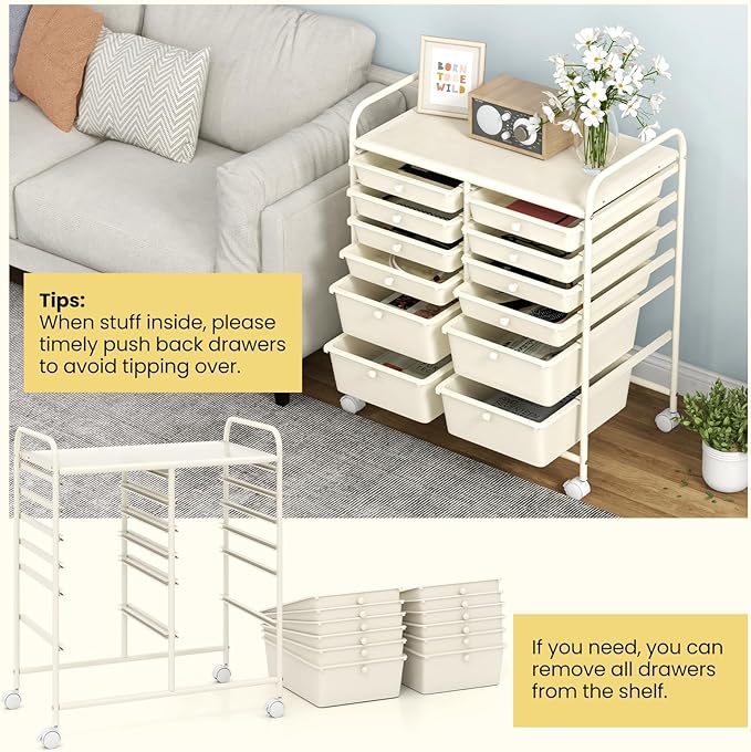 Giantex 12 Drawers Rolling Storage Cart, Classroom Organizers with Wheels for Tools Scrapbook Craft Paper Teacher Office School Supplies (Ivory)