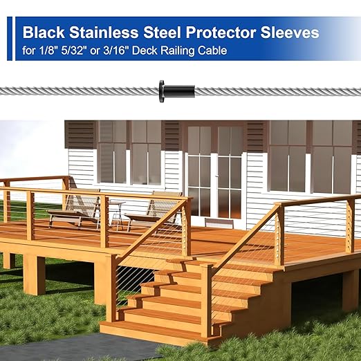 BLIKA 150 Pack Black Stainless Steel Protector Sleeves for 1/8" Deck Cable Railing, for Wood/Composite Posts, T316 Marine Grade, Black Cable Railing Protector Sleeves