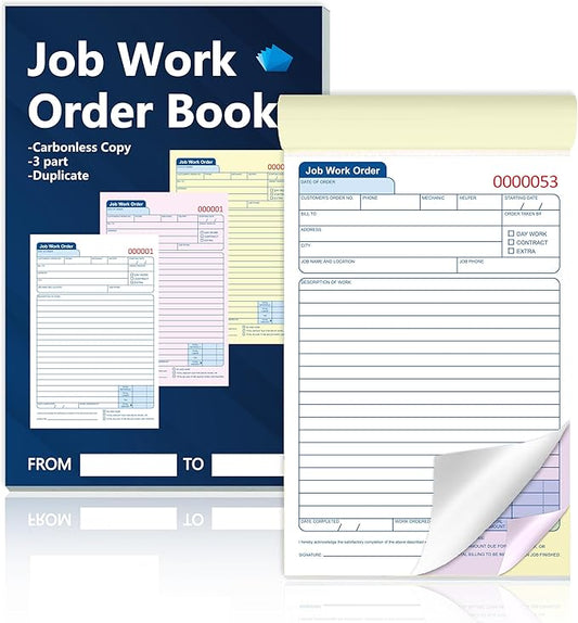 50 Sets Job Work Order Form Book 3 Part Carbonless Work Order Invoice Book 5.5 x 8.3 inch Job Order Forms with Numbers and Tear Off Top with Hard Backing for Business Service (1)