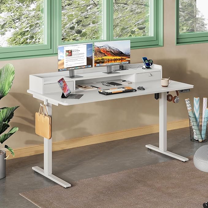 DEVAISE 55×28 Inch Electric Standing Desk with Drawers, Computer Desk with 3 Adjustable Height, Storage Shelf and Built-in USB Outlet, Memory Preset, Sit to Stand Desk for Home Office, White