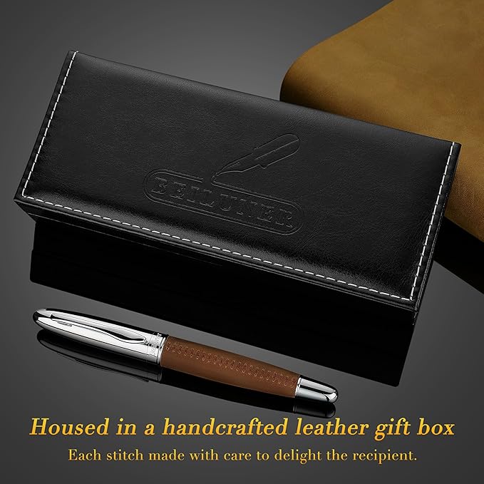 BEILUNER 318 Luxury Leather Pen, Full Grain Oil Tan Crazy Horse Cowhide Leather, Chrome-Plated Finish, Schmidt Ink Refill, Best Rollerball Pen Gift for Men & Women,Executive, Professional, Nice Pens