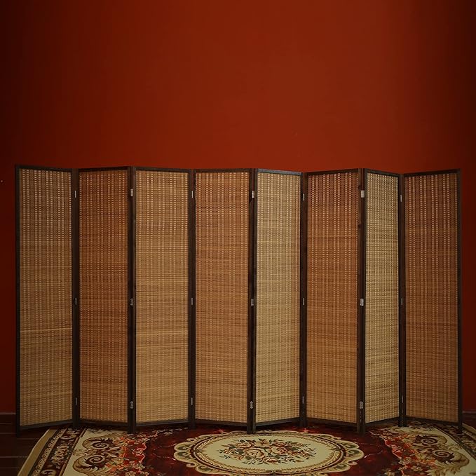 Furnnylane 8 Panel Bamboo Room Divider and Folding Panel Screen,Bamboo Panel Divider for Room Separation,Brown,67" H x 122.8" W