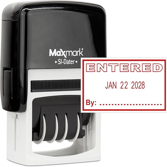 MaxMark Office Self Inking Date Stamp with Phrase Entered - Red Ink