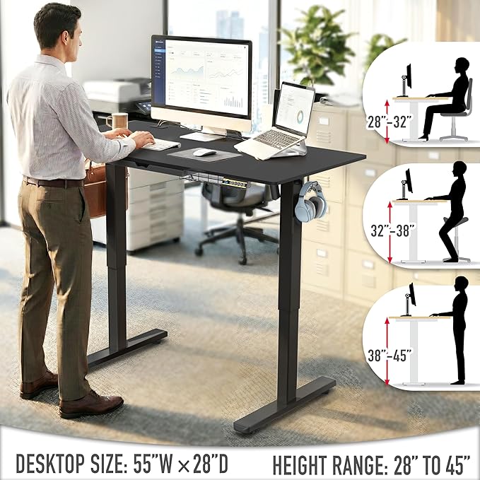 SHW 55 x 28 Inches Electric Height Adjustable Standing Desk with Drawer and Memory Preset, Black