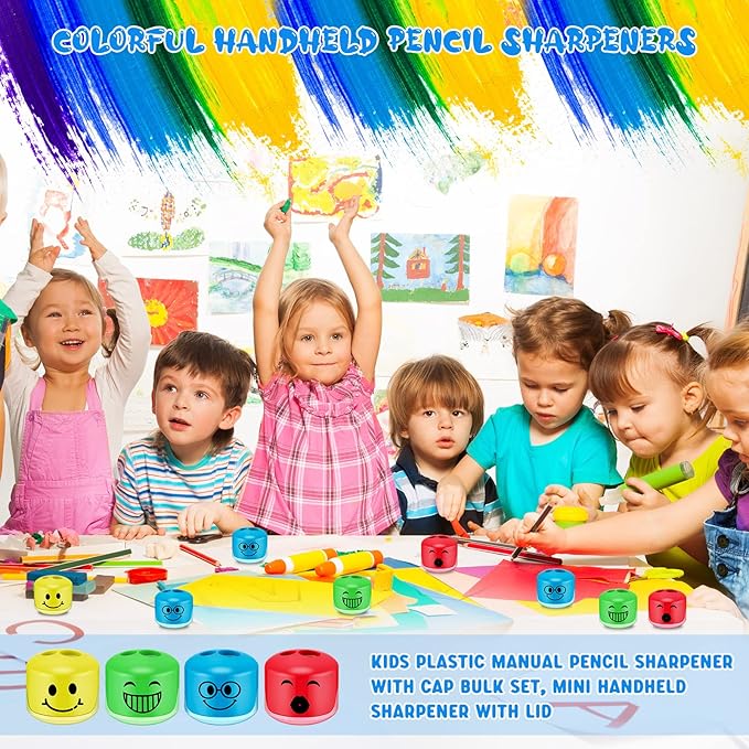 Crtiin 48 Pcs Back to School Pencil Sharpeners for Kids Cartoon Smile Small Pencil Sharpener Handheld Manual Dual Holes Gifts for School Office Art Room