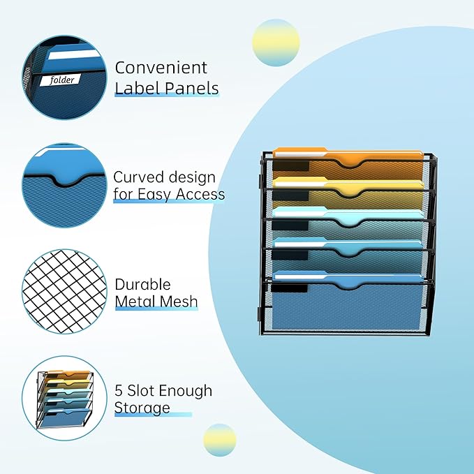 SUPEASY 5-Tier Wall File Holder Organizer with Hooks, Mesh Hanging File Organizer, Mail Organizer Wall Mounted for Papers, Folders, Office Magazine Rack, Black, 2Pack
