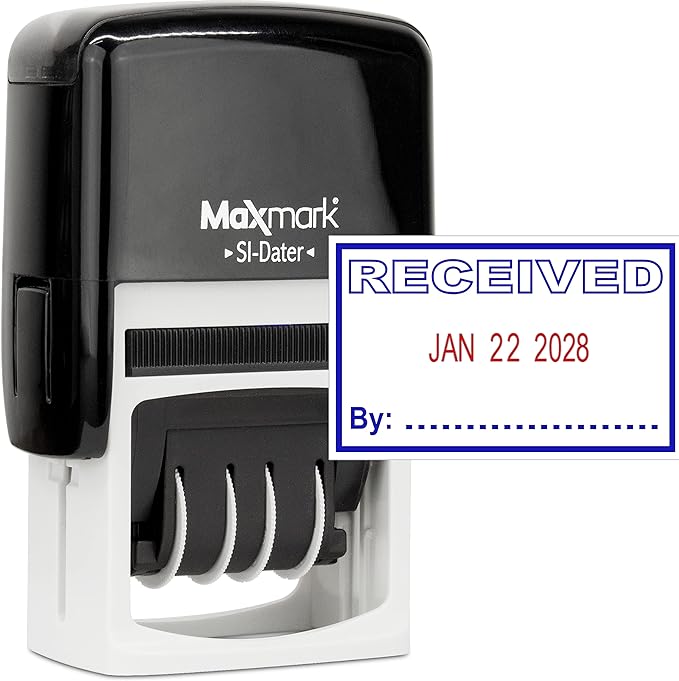 MaxMark Office Self Inking Date Stamp with Phrase Received - 2 Color Blue/Red Ink