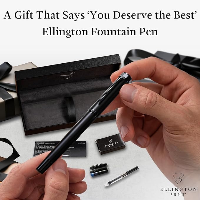 Ellington Pens Luxury Fountain Pen Set - Smooth Fine Nib - Includes 3 Ink Cartridges, Refillable Ink Converter, Gift Box - Fountain Pens For Writing, Calligraphy, Journaling, Sketching (The Stealth)