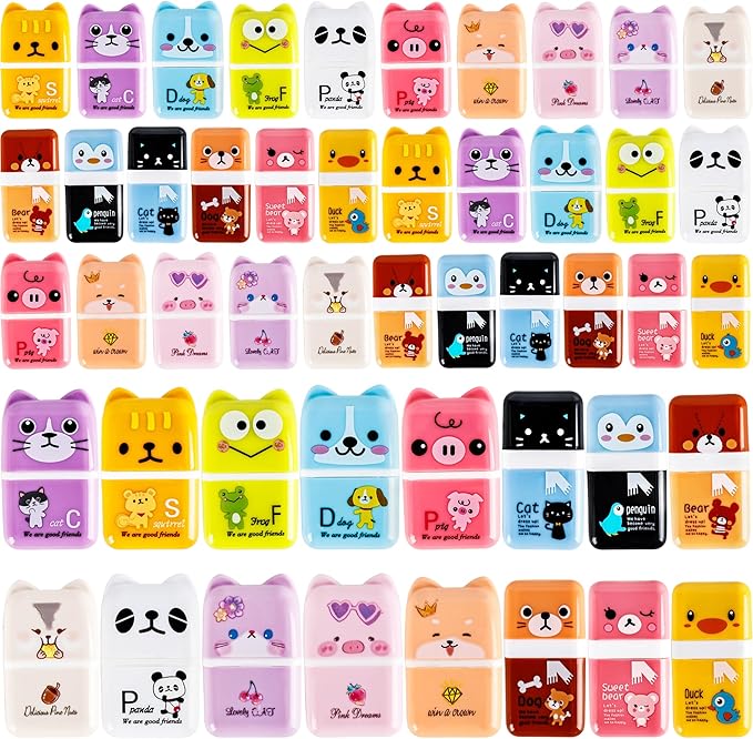 48 Pcs Cute Erasers for Kids Fun Animal Erasers Pencil Eraser with Clean up Roller Bulk Gift for Student School Office, 16 Styles