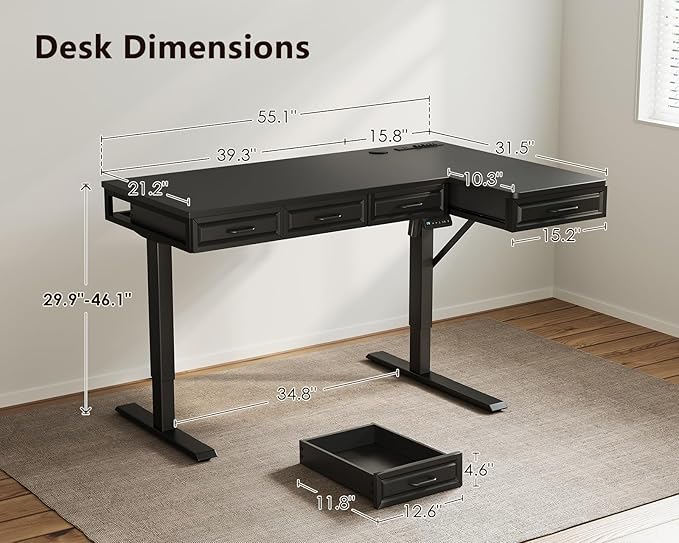 OffiGo L Shaped Electric Standing Desk with Wooden Drawers, 55 Inch Height Adjustable Corner Workstation with Power Outlets, Sit Stand Table for Home, Office, Black