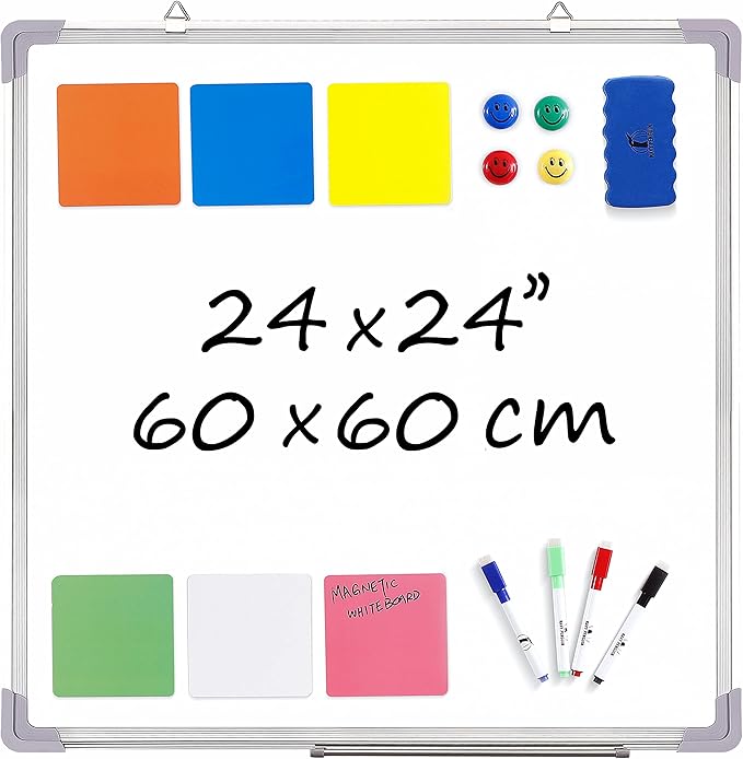 Whiteboard Set - Dry Erase Board 24 x 24 in with 1 Magnetic Eraser, 4 Dry Wipe Markers, 4 Magnets and 6 Magnetic Labels - Wall Hanging Reminder Kanban White Board for Home and Office (24x24 inch)