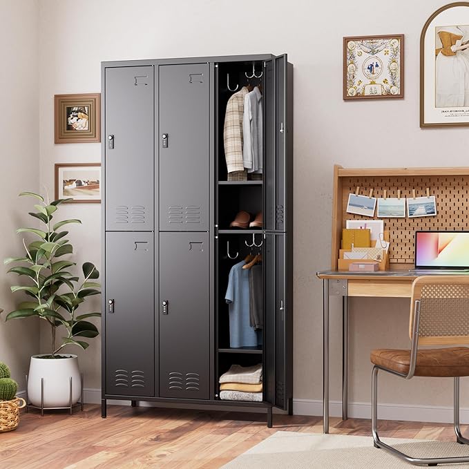 SUPEER 6 Doors Metal Locker for Employees with Combination Locks,Metal Lockers with Business Card Holder and 18 Hooks for Office Gym Home,Assembly Required,Black