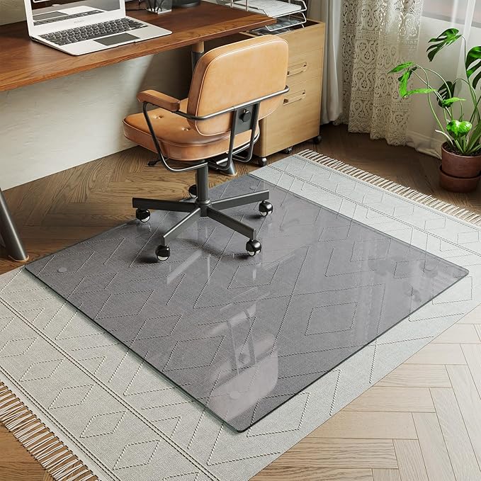 Koonmi Tempered Glass Chair Mat for Hardwood Floors & Carpets, 40" x 60“ Grey Heavy Duty Office Floor Protector, Scratch & Dust Concealing, Noise-Free for Home Office Desk